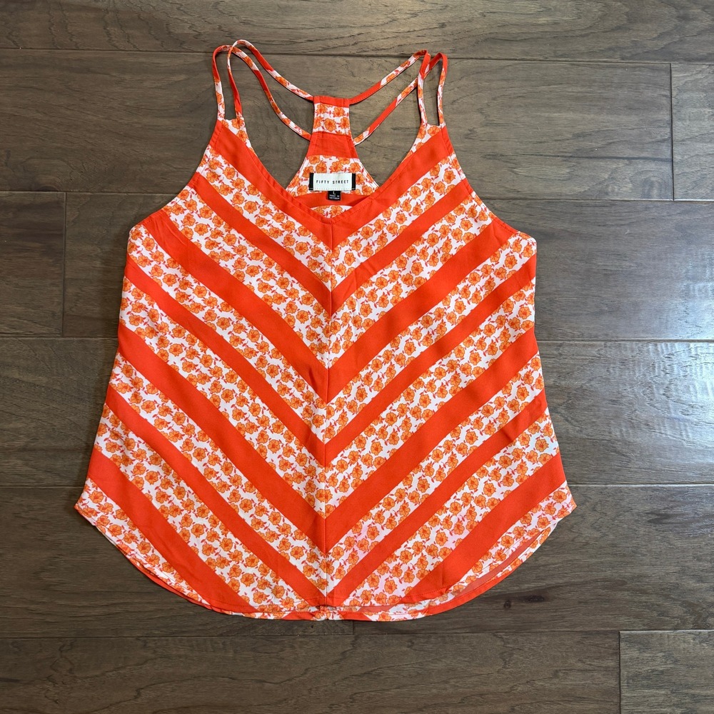 Fifty‎ Street Orange Floral Chevron Racerback Tank Top FS1612 Womens Large